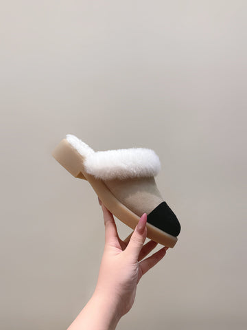 CHANEL 25S FUR-LINED MULES IN BEIGE AND BLACK SUEDE