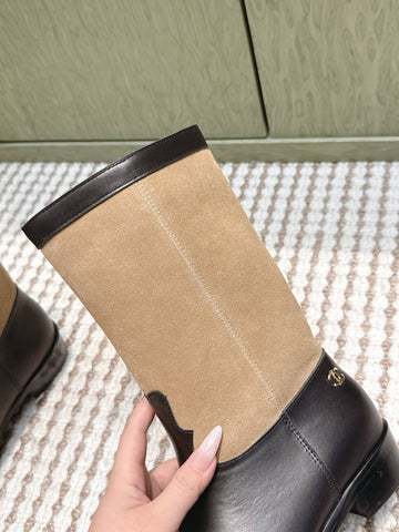 CHANEL 25S MID-CALF BOOTS IN TAN BROWN SUEDE MIX BLACK CALFSKIN