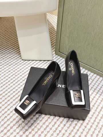 CHANEL 25S SLINGBACK SHOES 90MM IN BLACK CALFSKIN SQUARE TOE GOLD HARDWARE