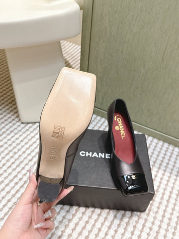CHANEL 25S SQUARE-TOE HIGH HEELS 90MM IN BLACK CALFSKIN