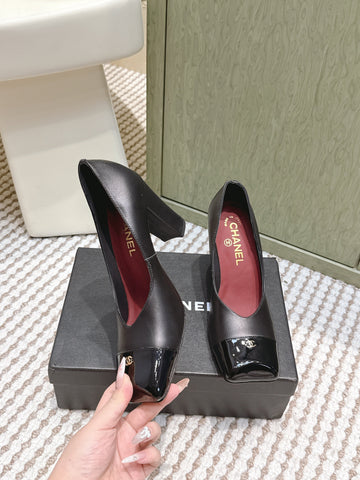 CHANEL 25S SQUARE-TOE HIGH HEELS 90MM IN BLACK CALFSKIN