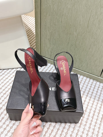 CHANEL 25S HIGH-HEELED SQUARE-TOE SLINGBACK 90MM IN BLACK CALFSKIN