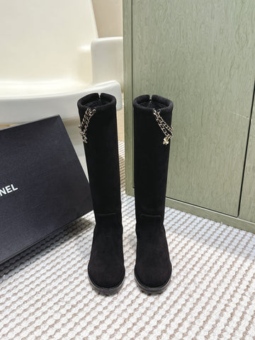 CHANEL 25S KNEE-HIGH BOOTS IN BLACK SUEDE GOLD HARDWARE