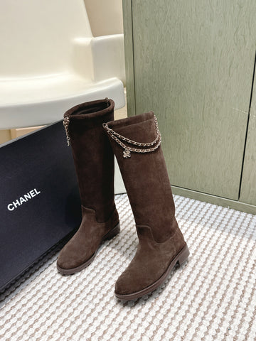 CHANEL 25S KNEE-HIGH BOOTS IN DARK BROWN SUEDE GOLD HARDWARE