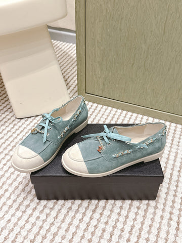 CHANEL 25S MOCCASINS IN LIGHT BLUISH-GRAY AND LIGHT GREY SUEDE