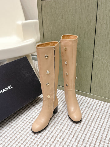 CHANEL 25S KNEE-HIGH BOOTS IN BEIGE CALFSKIN WITH RHINESTONES