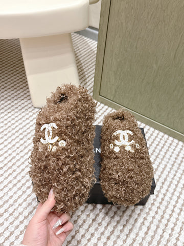 CHANEL 25S CLASSIC FURRY SLIDES IN BROWN WITH DOUBLE C LOGO