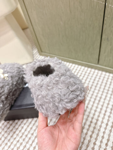 CHANEL 25S CLASSIC FURRY SLIDES IN GRAY WITH DOUBLE C LOGO