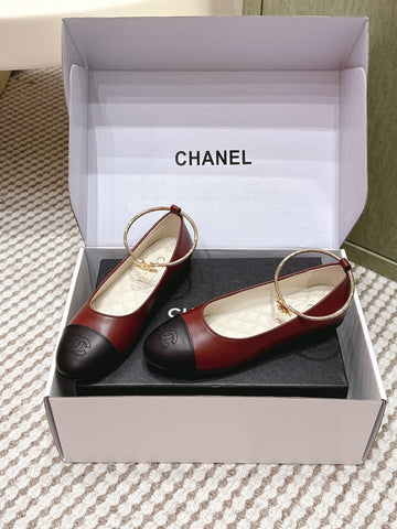 CHANEL 25S BALLERINA SHOES IN MAROON RED AND BLACK CALFSKIN GOLD HARDWARE