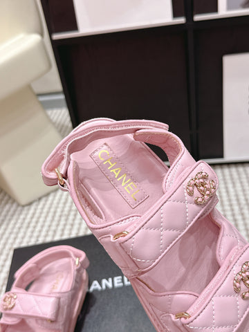 CHANEL 26S QUILTED DAD SANDALS IN LIGHT PINK CALFSKIN