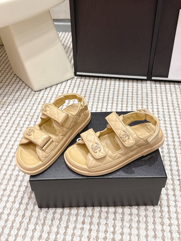 CHANEL 26S QUILTED DAD SANDALS IN LIGHT SAND BEIGE CALFSKIN