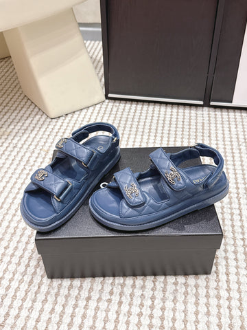 CHANEL 26S QUILTED DAD SANDALS IN SLATE BLUE CALFSKIN