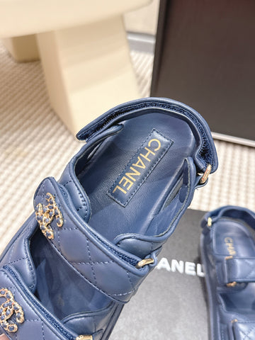 CHANEL 26S QUILTED DAD SANDALS IN SLATE BLUE CALFSKIN