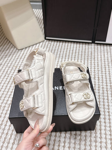 CHANEL 26S QUILTED DAD SANDALS IN CREAM WHITE CALFSKIN