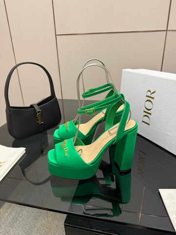 DIOR 26S HIGH HEEL SANDALS 120 MM IN GREEN SATIN