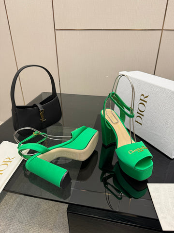 DIOR 26S HIGH HEEL SANDALS 120 MM IN GREEN SATIN