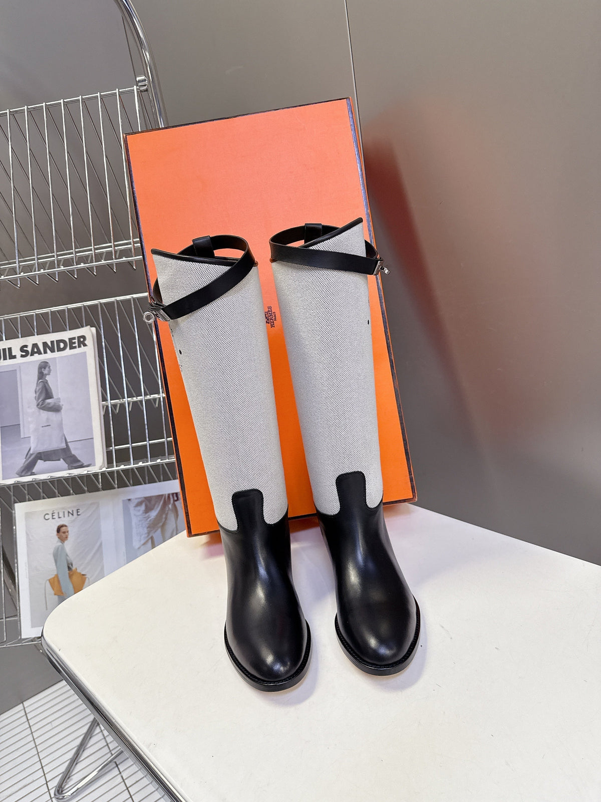 HM 25S JUMPING BOOT IN BLACK LAMBSKIN AND GREY CANVAS WITH SILVER HARDWARE