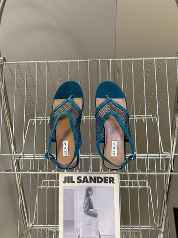 ALAIA 26S FLAT MESH THONG SANDALS IN PETROL BLUE SUEDE