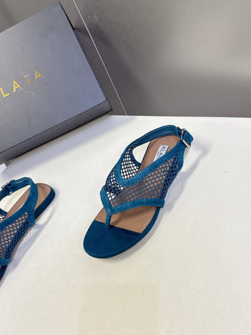 ALAIA 26S FLAT MESH THONG SANDALS IN PETROL BLUE SUEDE