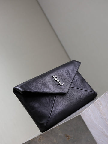YSL 25S CASSANDRE LARGE ENVELOPE POUCH 29 IN BLACK CALFSKIN GRAY HARDWRE