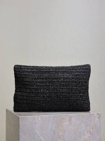 YSL 25S CASSANDRE LARGE ENVELOPE POUCH 29 IN BLACK RAFFIA GOLD HARDWARE