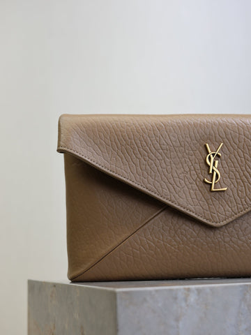 YSL 25S CASSANDRE LARGE ENVELOPE POUCH 29 IN DARK TAUPE CALFSKIN GOLD HARDWARE