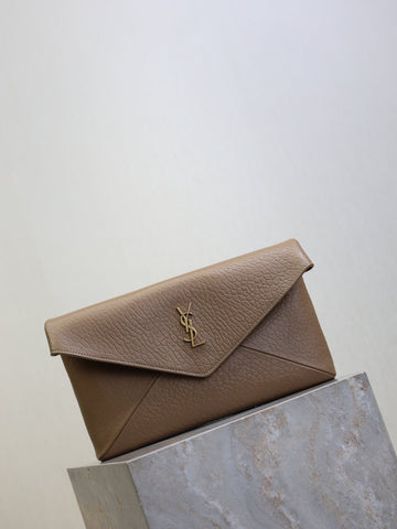 YSL 25S CASSANDRE LARGE ENVELOPE POUCH 29 IN DARK TAUPE CALFSKIN GOLD HARDWRE