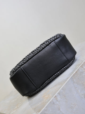 YSL 25S LE 5 À 7 SUPPLE SMALL 16 IN BLACK RAFFIA AND LEATHER GOLD HARDWARE