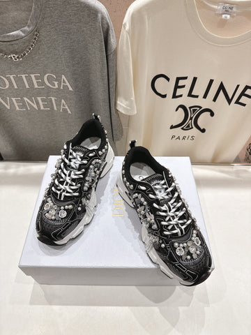 DIOR 25S SNEAKER IN BLACK LAMBSKIN AND MESH FABRIC WITH PEARL DETAILING