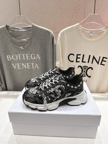 DIOR 25S SNEAKER IN BLACK LAMBSKIN AND MESH FABRIC WITH PEARL DETAILING