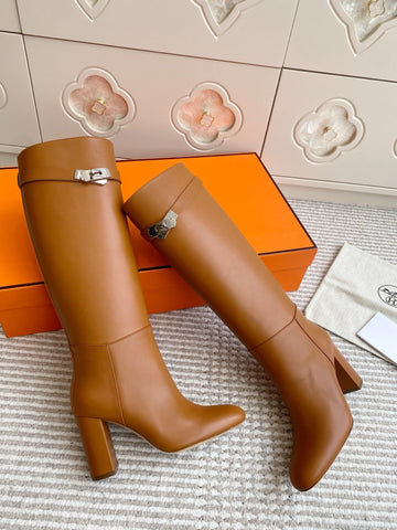 HM 25S TALL BOOTS 90 MM IN BROWN LAMBSKIN WITH SILVER HARDWARE