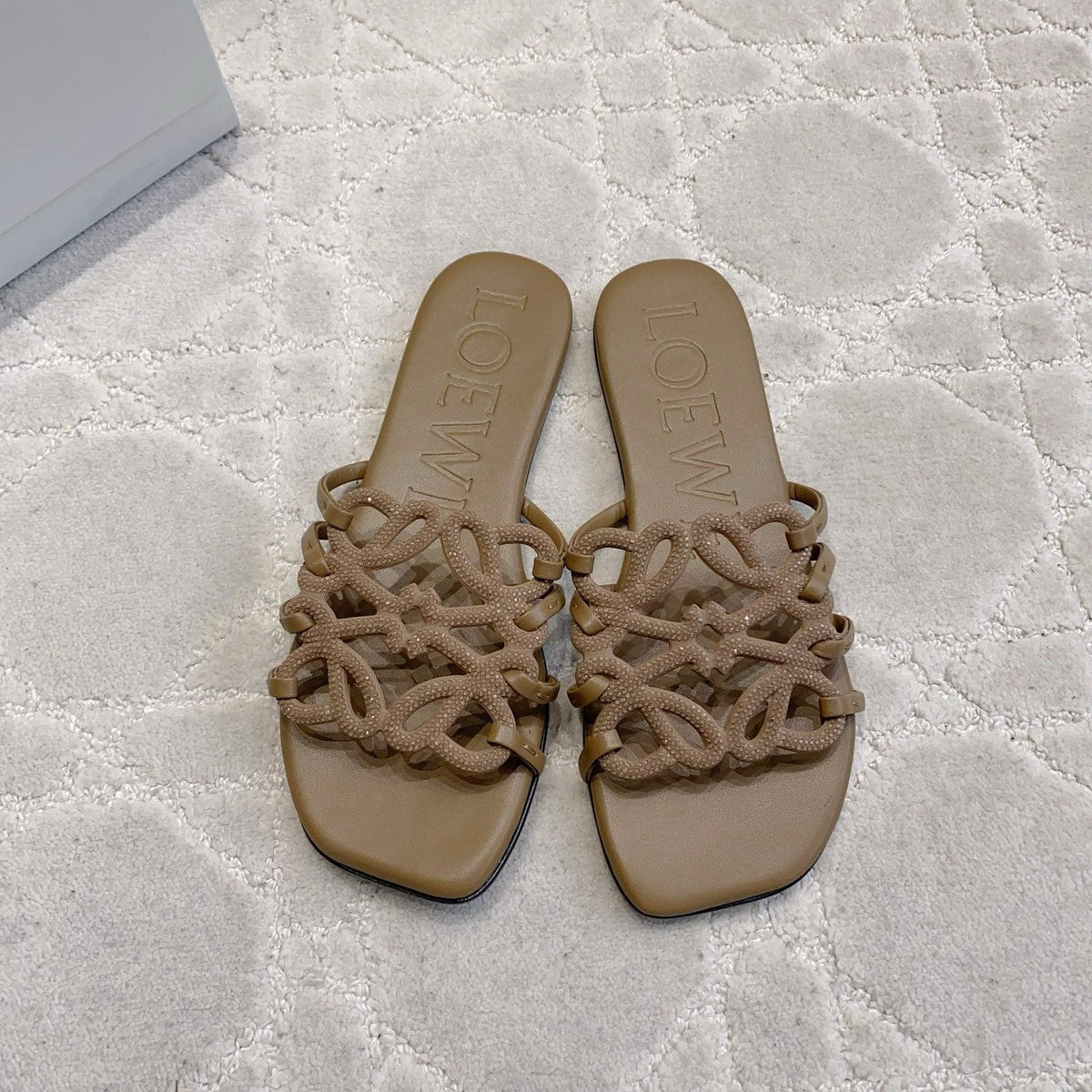 LOEWE 26S PETAL ANAGRAM SLIDE IN BROWN CALFSKIN