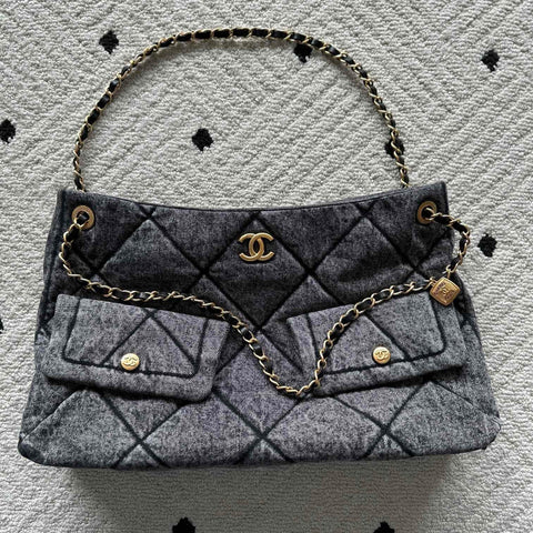 CHANEL 25S HOBO BAG 38 IN DARK GREY DENIM WITH GOLD HARDWARE