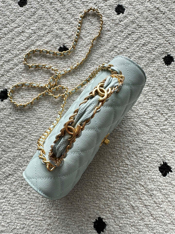 CHANEL 25S CLASSIC WALLET ON CHAIN 19 IN MINT GREEN PASTEL LAMBSKIN WITH GOLD HARDWARE