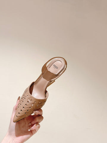 FENDI FIRST HIGH-HEELED SLINGBACK 85 MM IN TUSCAN TAN LAMBSKIN GOLD HARDWARE