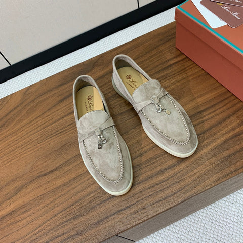 LP LOAFERS 25S IN STONE GRAY CASHMERE WITH SILVER HARDWARE