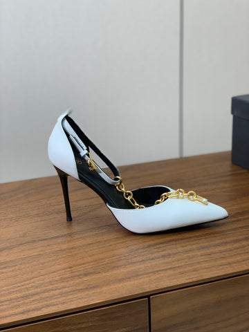 BALMAIN 26S CHAIN HIGH HEELS 95 MM IN WHITE CALFSKIN