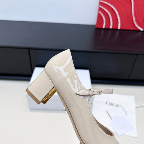 DIOR 26S MARY JANE PUMPS 45MM IN LIGHT BEIGE PATENT CALFSKIN GOLD HARDWARE