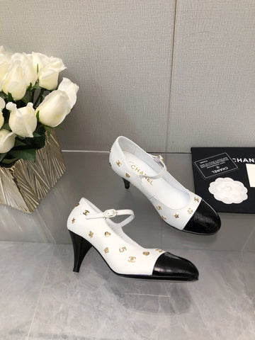 MARY JANE WHITE MIX BLACK LAMBSKIN ATTACH METAL
