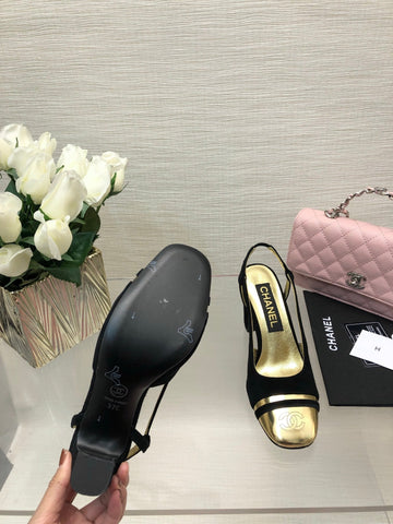HIGH SLINGBACKS IN BLACK SUEDE AND GOLDEN LAMBSKIN