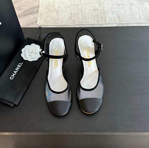 Waterproof Platform High Heels Transparent Heel Mesh  Black