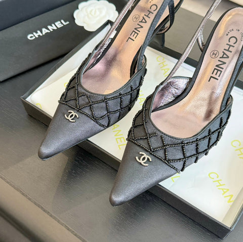 POINTED SLINGBACK MID HEELS BLACK LAMBSKIN