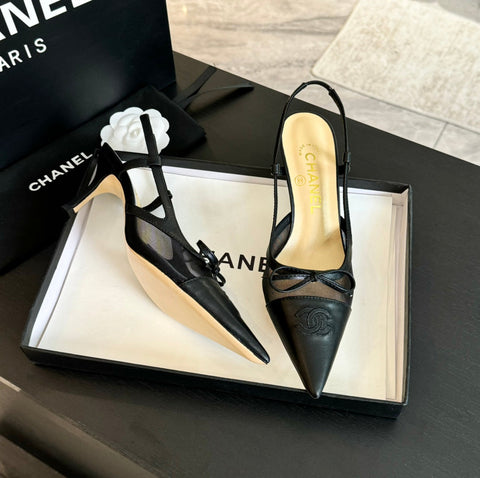 MESH LOGO SLINGBACKS IN BLACK LAMBSKIN