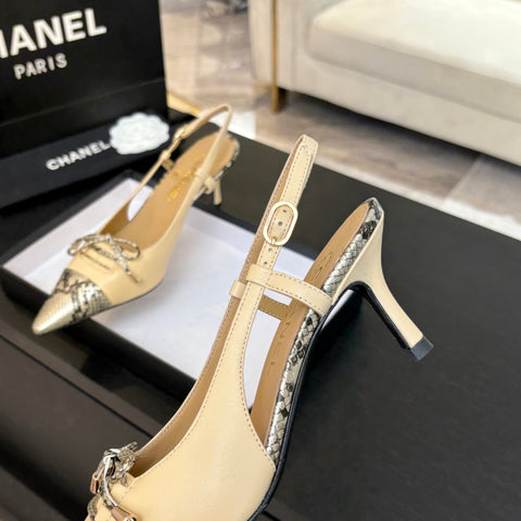HIGH HEEL SLINGBACKS 65 MM IN FLAX YELLOW WITH SNAKESKIN PATTERN LAMBSKIN