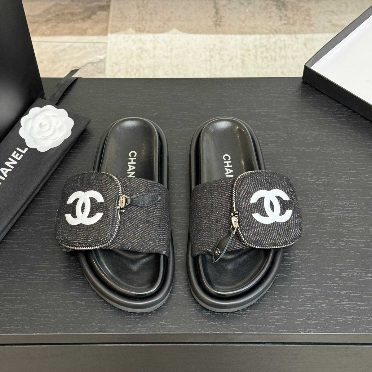 SLIDE IN BLACK DENIM FABRIC 45 MM