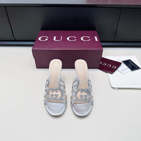 GUCCI 26S HEELED SANDALS 85 MM IN SILVER CALFSKIN WITH CRYSTAL