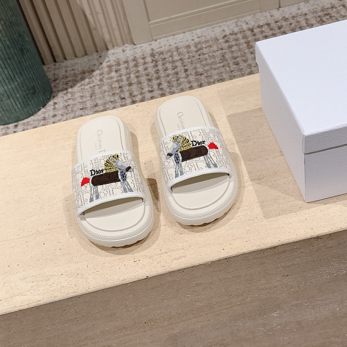 DIOR 26S SLIDE SANDALS IN WHITE LACE MONOGRAM EMBROIDERED CANVAS