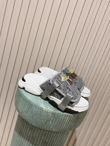 DIOR 26S DOUBLE STRAP SLIDE SANDALS IN GREY MONOGRAM CANVAS