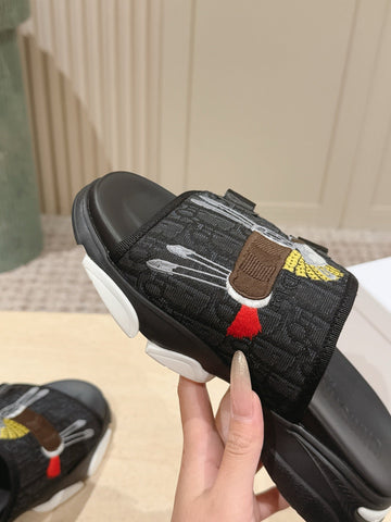 DIOR 26S DOUBLE STRAP SLIDE SANDALS IN BLACK MONOGRAM CANVAS
