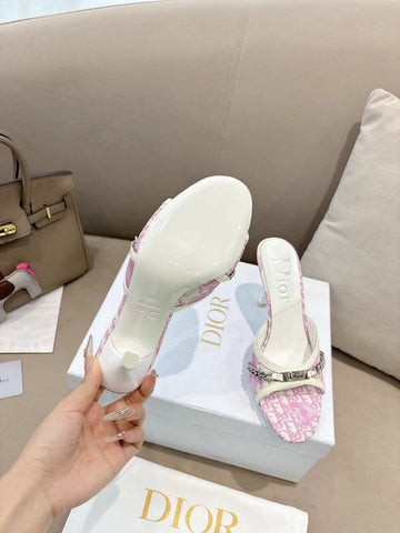 DIOR 26S KITTEN HEEL SLIDE SANDALS 85MM IN PINK MONOGRAM CANVAS CALFSKIN CHAIN STRAP